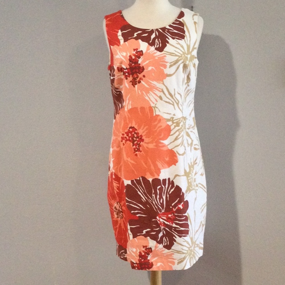 Talbots Lined White Multi-color Floral Sleeveless Midi Shift Dress Size 12
